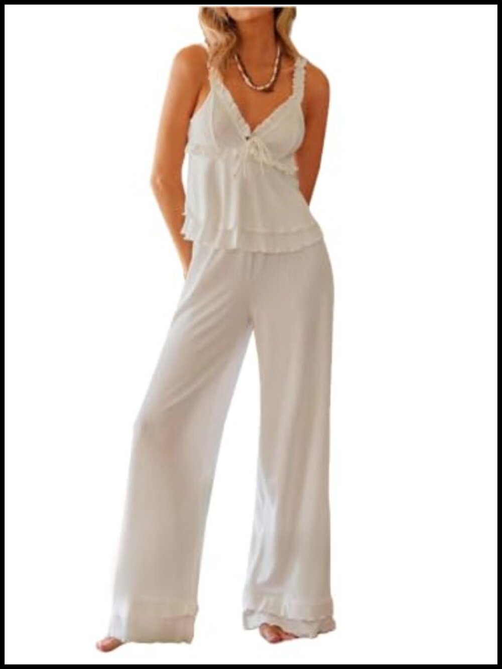 Knit Ruffle Pajama Set Sleeveless Camisole Wide Leg Pants 2 Piece Sleepwear